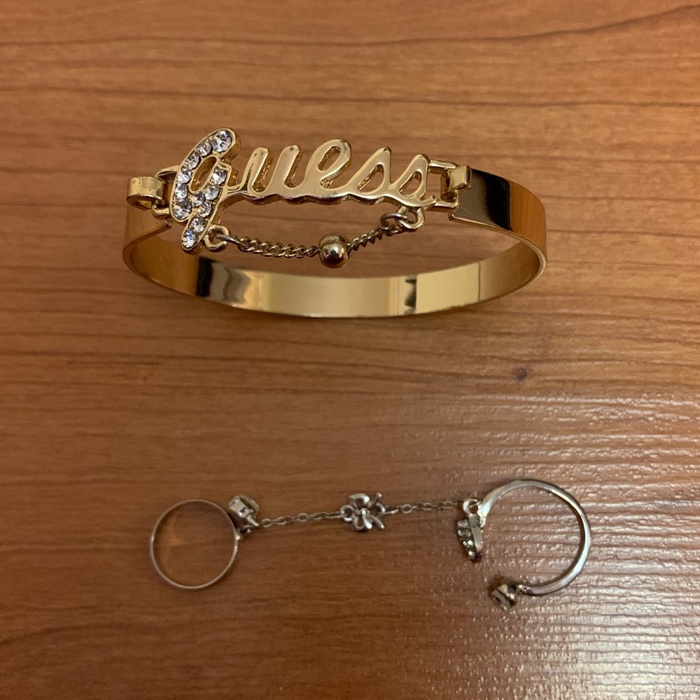 guess double ring and bracelet in gold and silver tone bundle